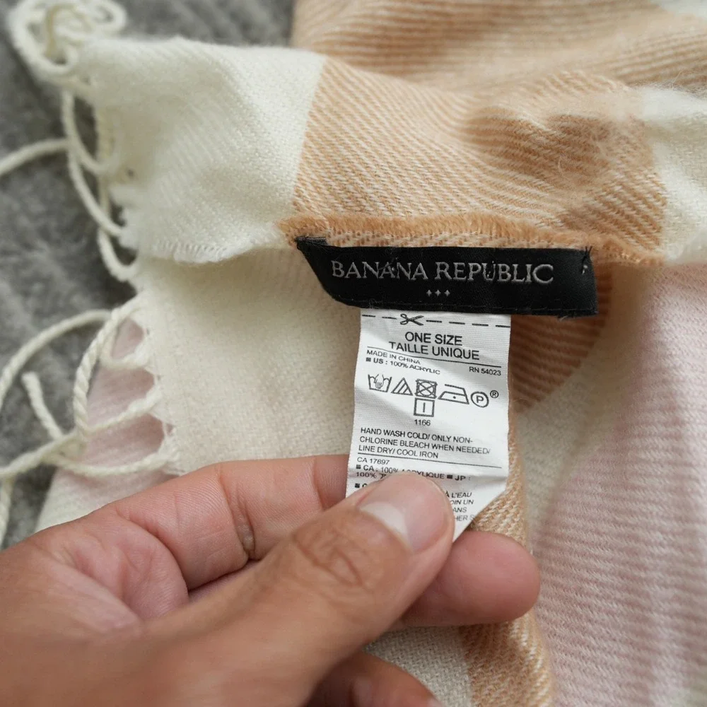 Banana Republic Scarf Striped White Pink‎ Brown Acrylic With Fringe 75x24 Inch